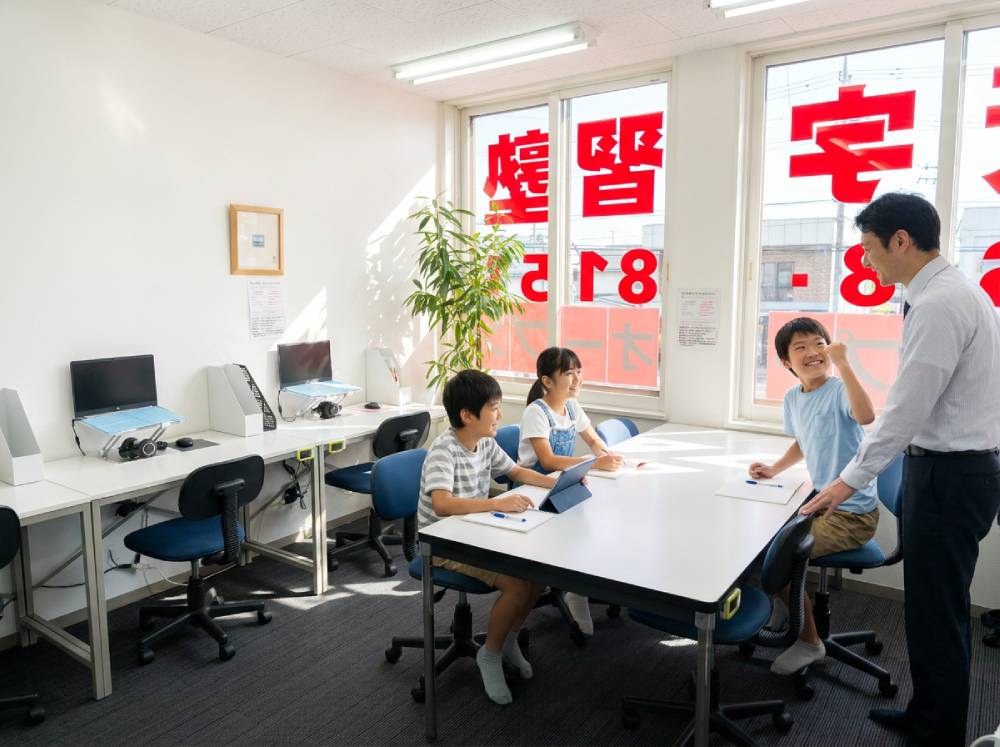 盛岡学習塾の小学生授業風景。陽光が差し込む明るい教室で、3名の小学生がタブレットやノートを前に座り、男性講師が立って笑顔で話しかけている様子。