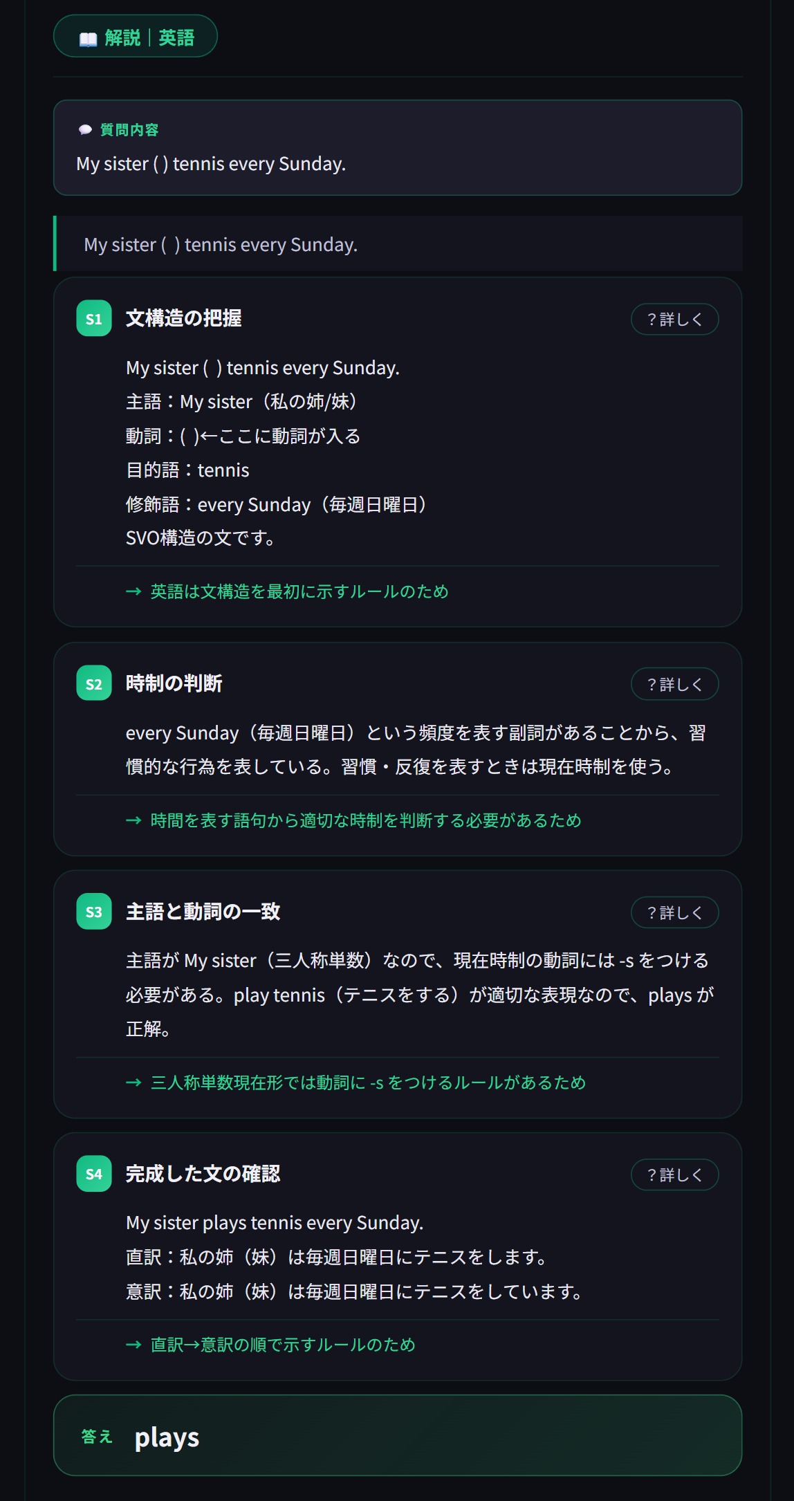 NoevaのAI解説サンプル｜英語・三単現「My sister（　）tennis every Sunday.」をステップ解説