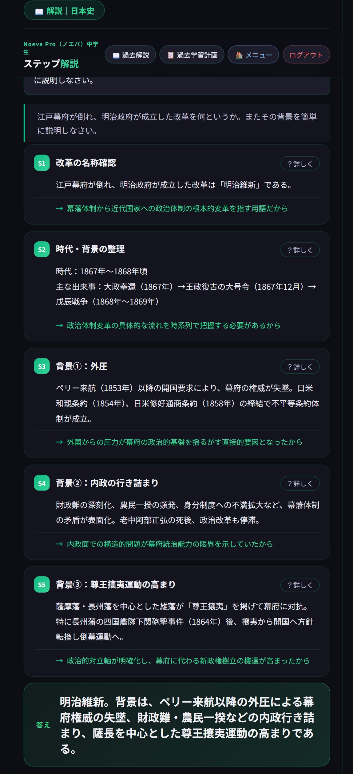 NoevaのAI解説サンプル｜社会・明治維新「江戸幕府が倒れ明治政府が成立した改革」をステップ解説