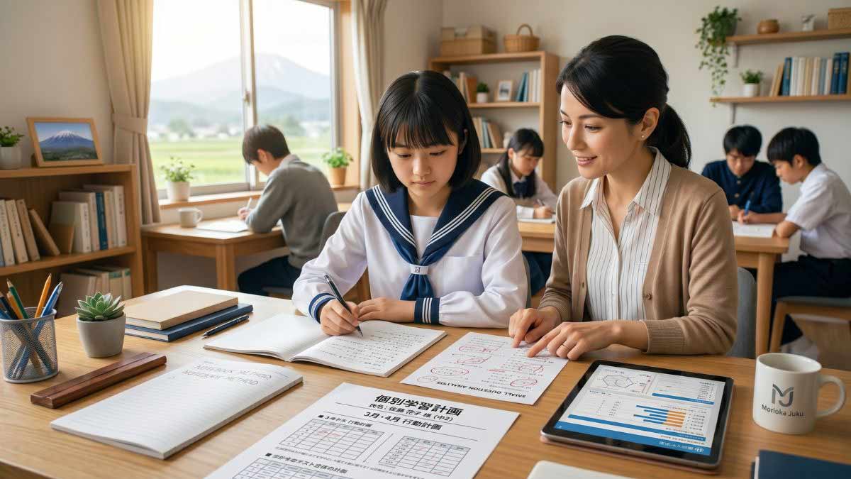 盛岡学習塾で講師と個別学習計画を確認する女子中学生の様子。背景に岩手山が見える明るい教室。