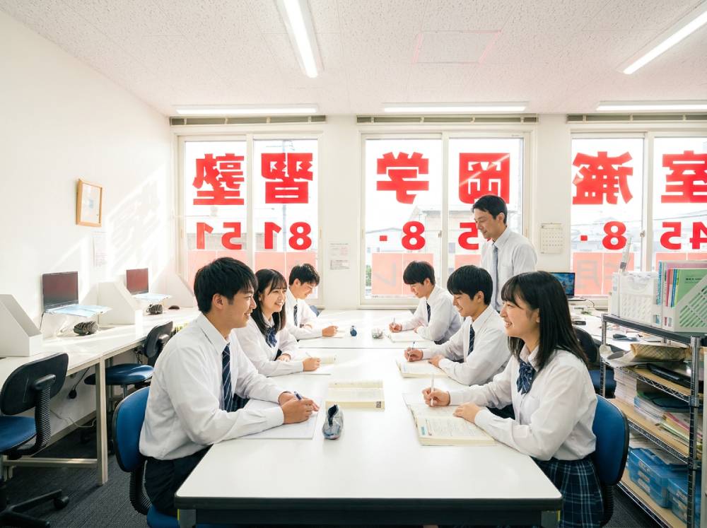盛岡学習塾の高校生授業風景。6名の高校生が向かい合ってノートや教科書を広げ笑顔で学習し、先生が後方に立って見守っている様子。
